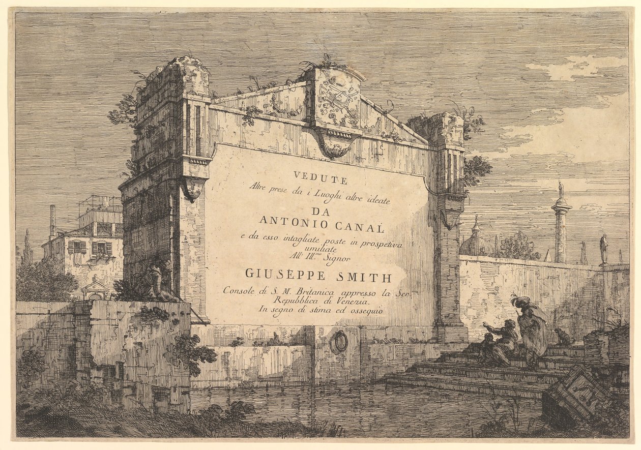 Placa de título de Vistas tiradas de outros lugares concebidos, com título e publicação ..., 1735-46. de Giovanni Antonio Canal