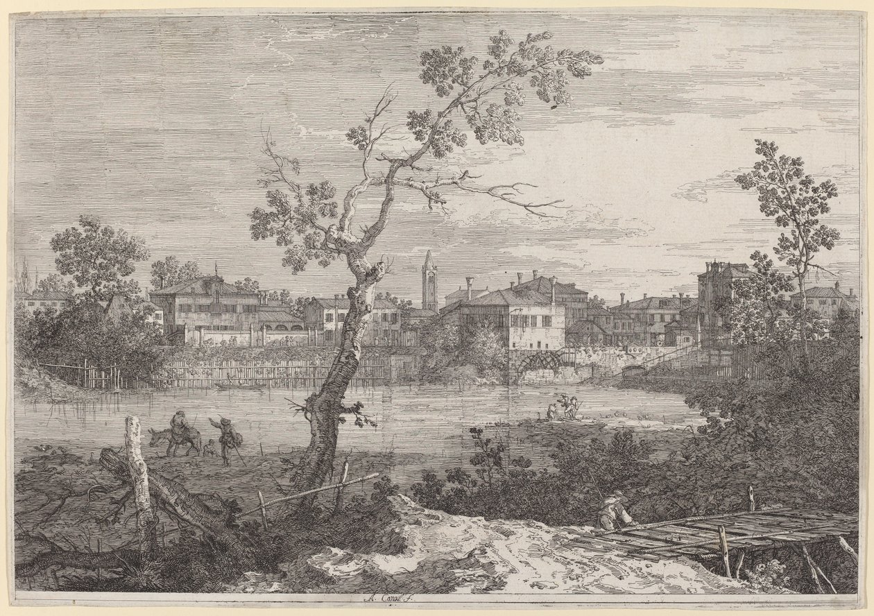 Vista de uma cidade na margem do rio de Canaletto