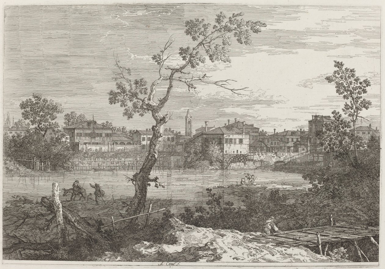 Vista de uma cidade na margem do rio de Canaletto
