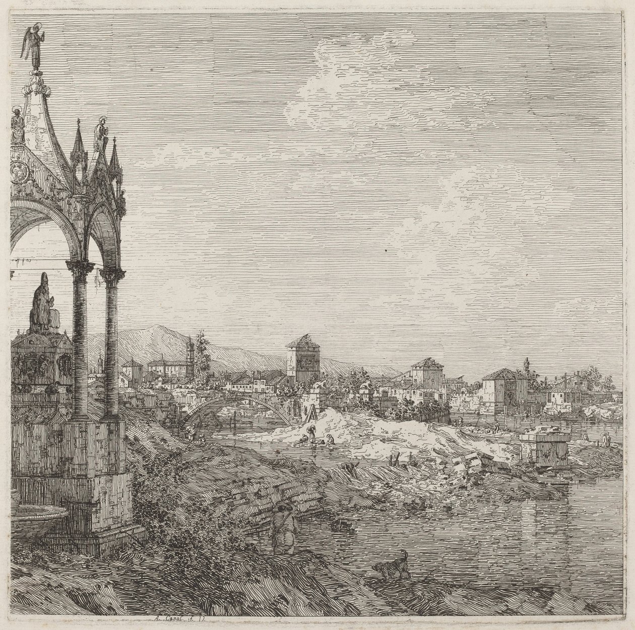 Vista de uma cidade com o túmulo de um bispo de Canaletto