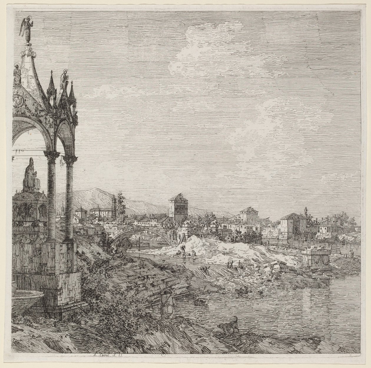 Vista de uma cidade com o túmulo de um bispo, c. 1740. de Canaletto