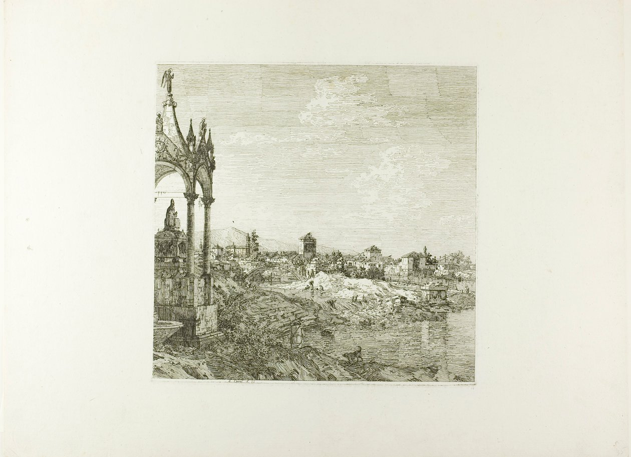 Vista de uma cidade com um túmulo de bispo, de Vedute de Canaletto