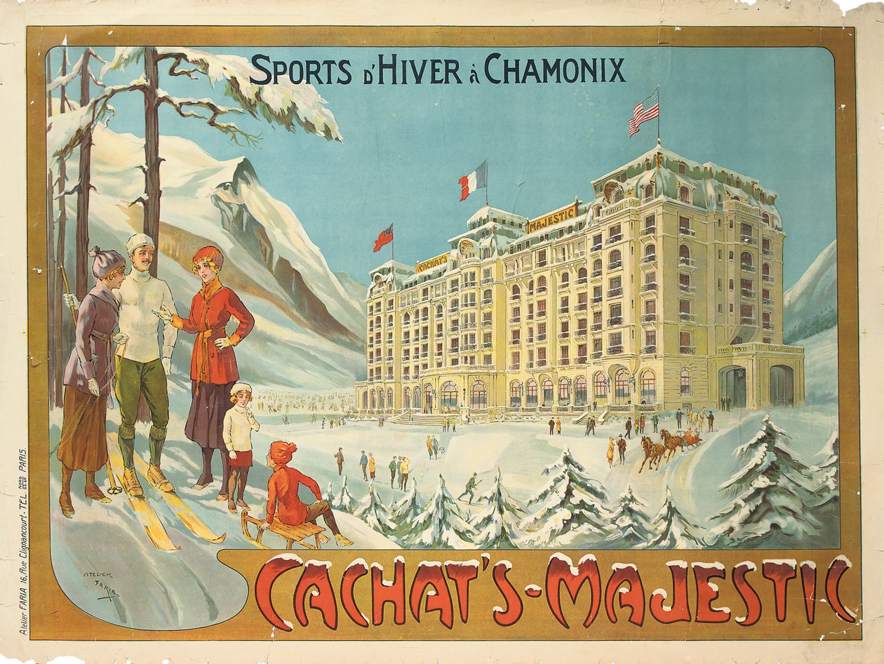 Cartaz publicitário do hotel "Cachat" s Majestic "e esportes de inverno em Chamonix, c.1910 de Candido Aragonez de Faria