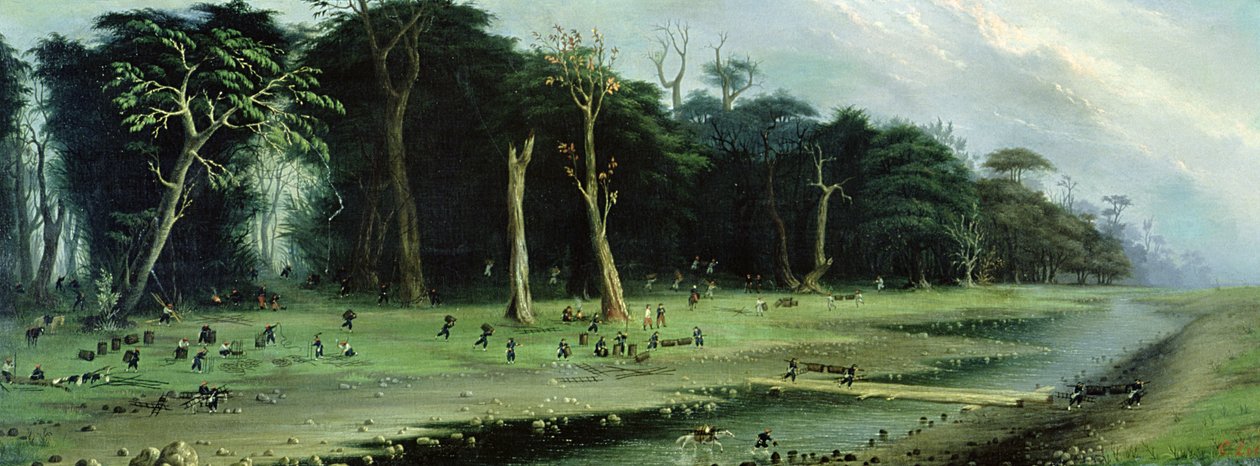Soldados cortando galhos à beira de um rio (óleo sobre tela) de Candido Lopez
