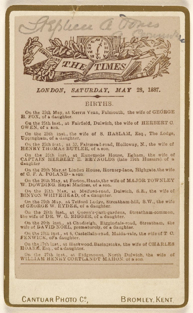 [Página de anúncio de nascimento do "The Times", Londres, Sábado, 28 de maio de 1887] de Cantuar Photographic Company
