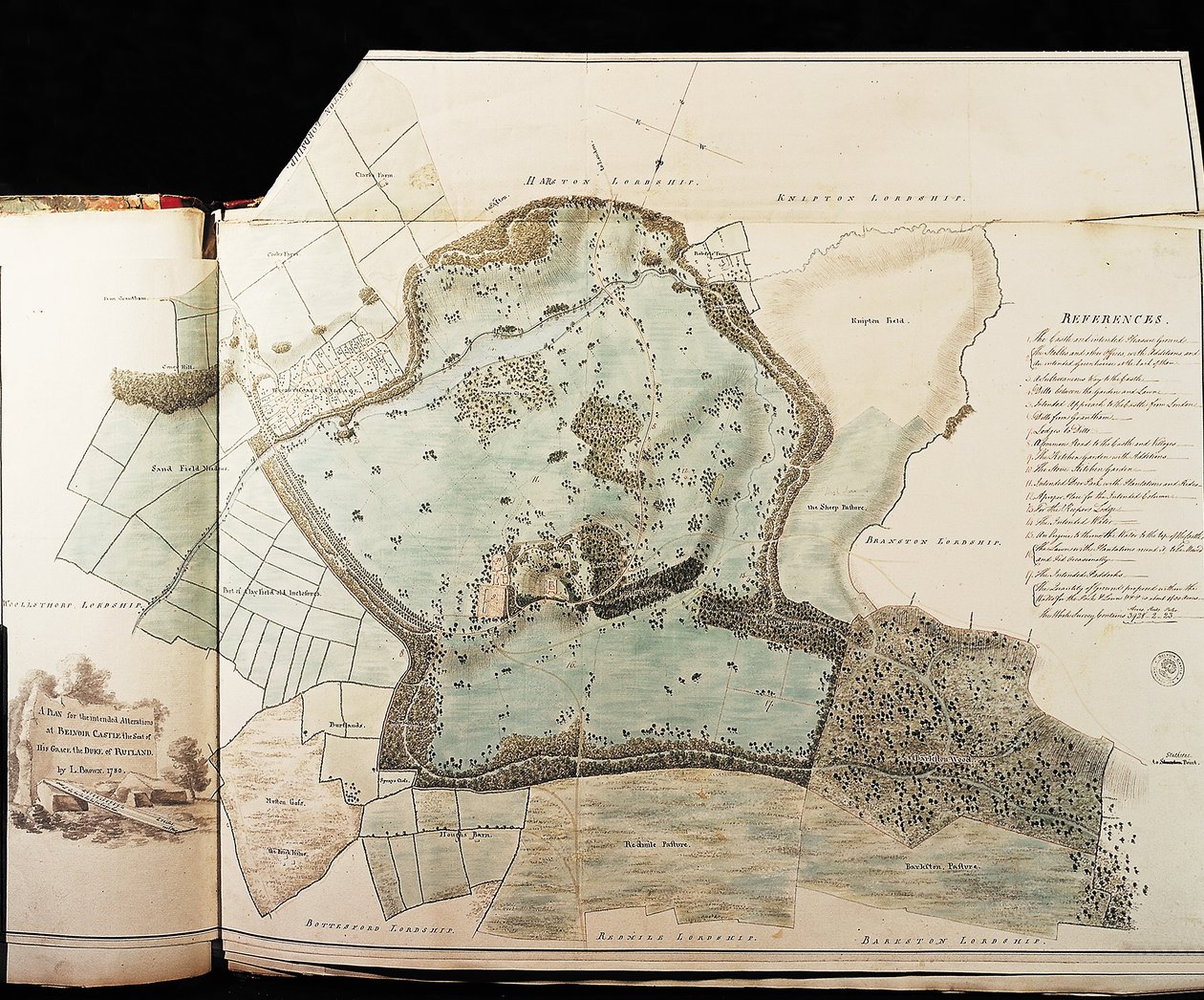 Designs para o Parkland at Belvoir Castle (caneta e tinta com wc no papel) de Capability Brown
