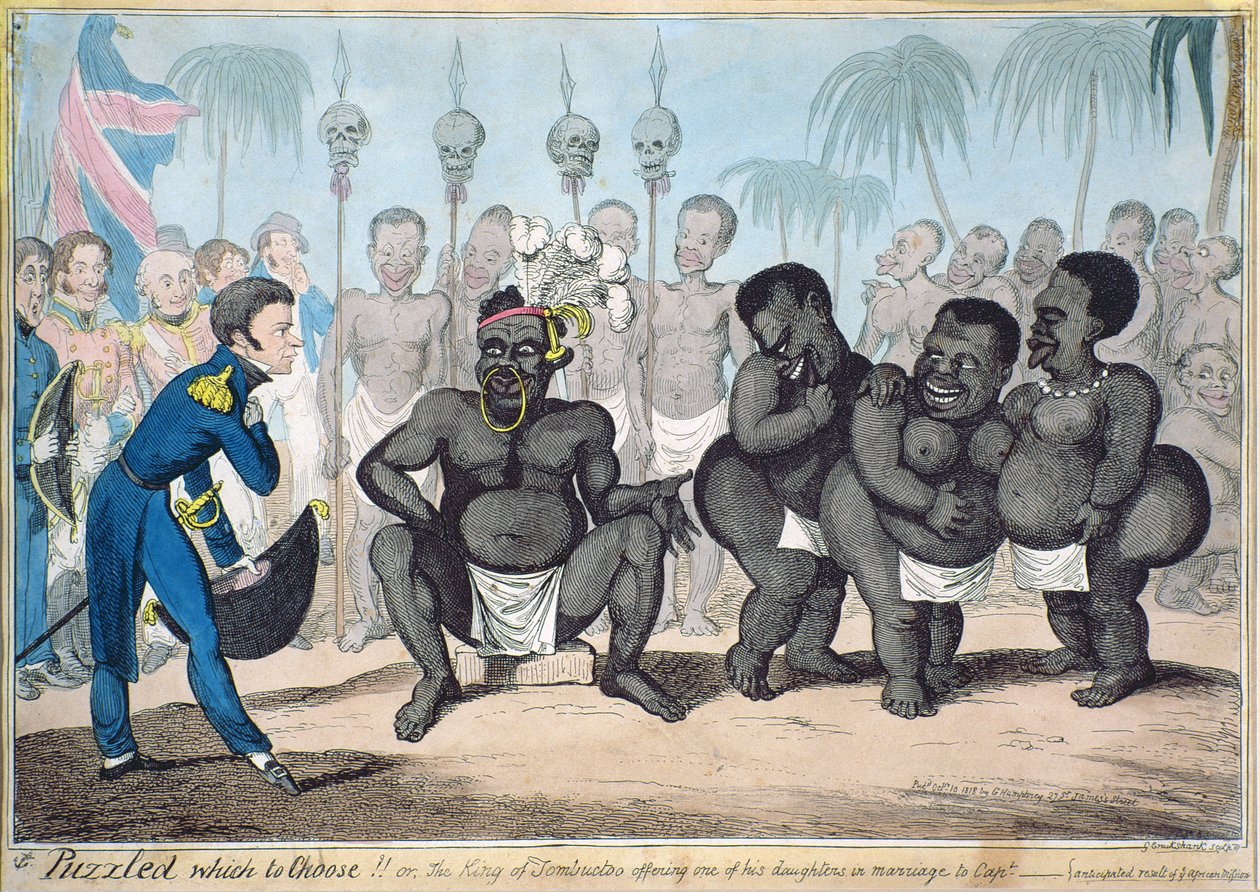 &39;Perplexo qual escolher !! Ou o rei de Tombuctoo oferecendo uma de suas filhas em casamento ao capitão. Resultado antecipado de uma Missão Africana », publicado em 1821 por G. Humphrey, 1818 (gravura de Capt. E. Judel