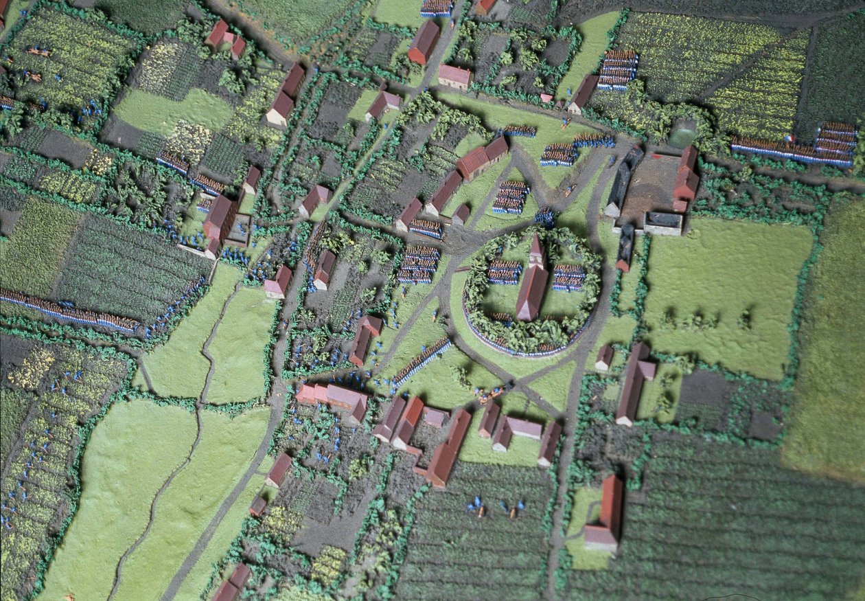 Diorama da Batalha de Waterloo mostrando as tropas posicionadas às 19h45 do dia 18 de junho de 1815 (mídia mista) (detalhe) de Capt. William Siborne