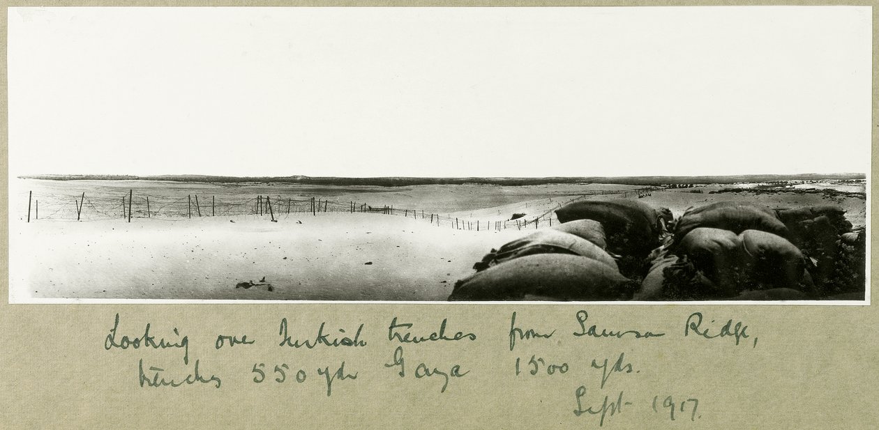 Olhando por cima das trincheiras turcas de Samson Ridge, setembro de 1917 de Capt. Arthur Rhodes