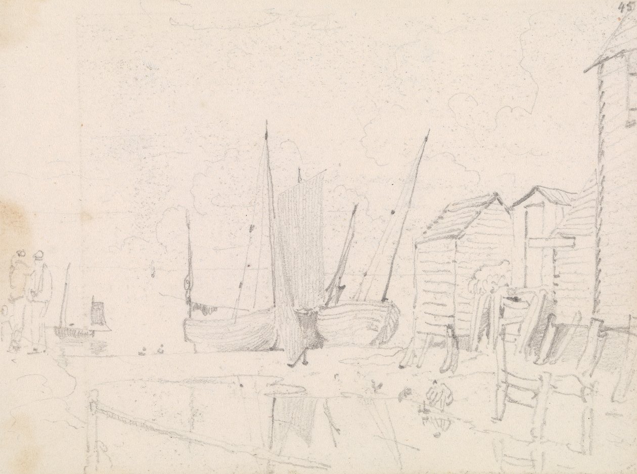 Esboço de Barcos à Vela e Stilt Cottages, Hastings de Capt. Thomas Hastings
