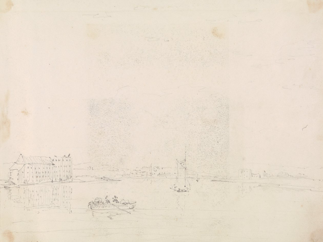 Esboço de Barcos e de um Grande Edifício, do outro lado do rio Medina de Capt. Thomas Hastings