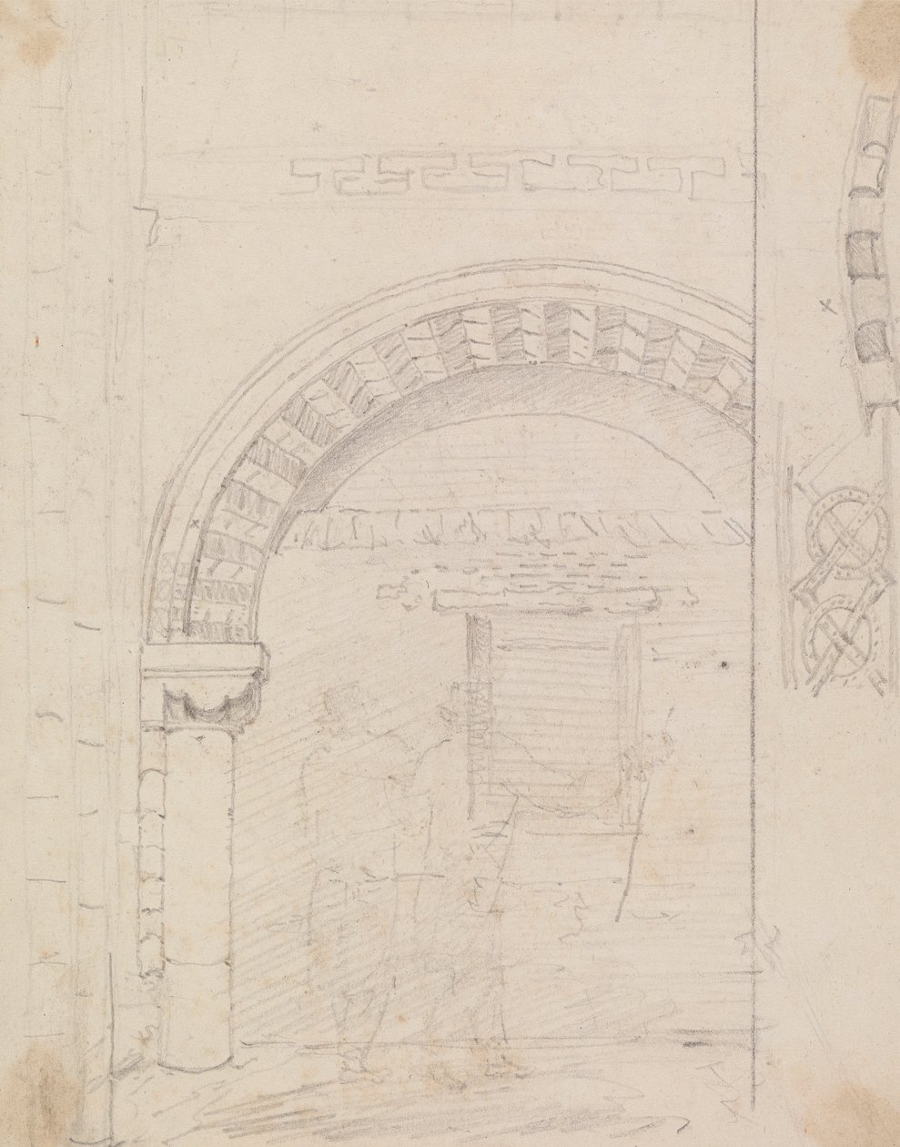 Esboço de figuras de pé debaixo de um arco de pedra de Capt. Thomas Hastings