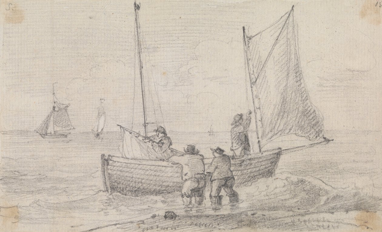 Esboço de um grupo que prepara as velas perto da costa, Hastings de Capt. Thomas Hastings