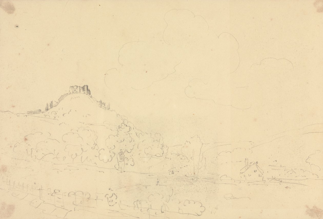 Esboço de um Castelo no topo de uma colina com casas em baixo de Capt. Thomas Hastings