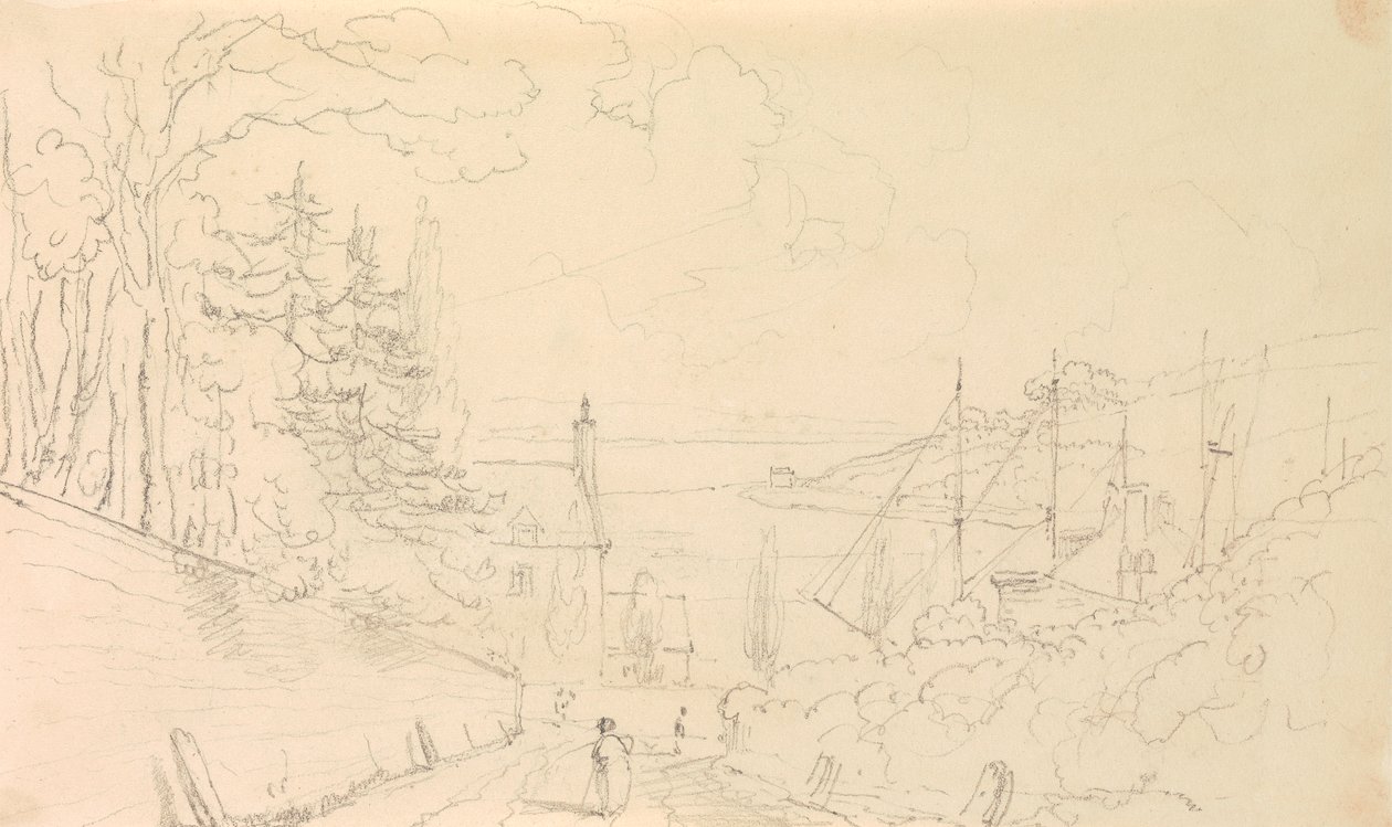 Esboço de uma estrada que desce até à costa com navios em calado de Capt. Thomas Hastings
