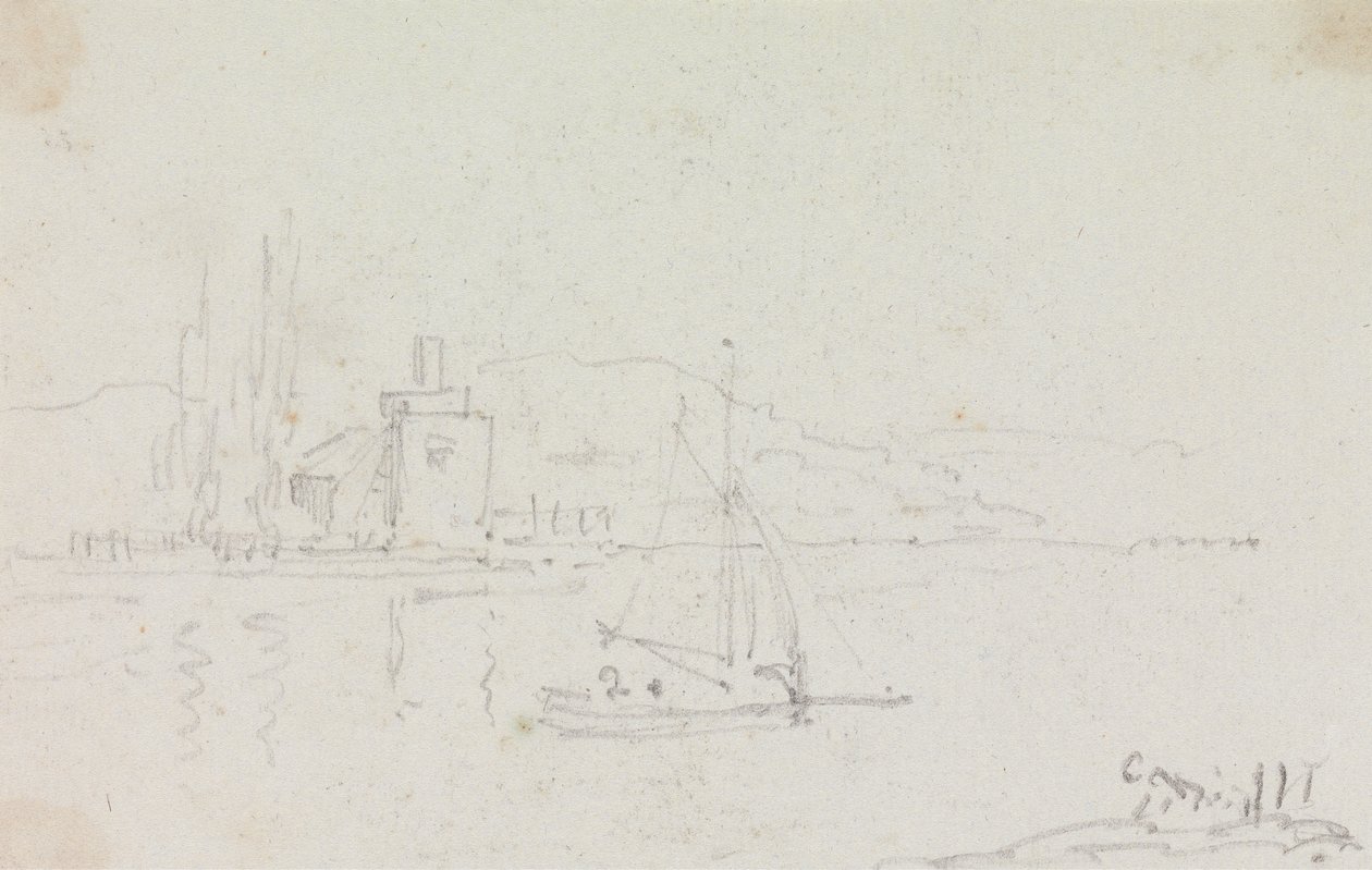 Esboço de um barco à vela e de um edifício em terra de Capt. Thomas Hastings