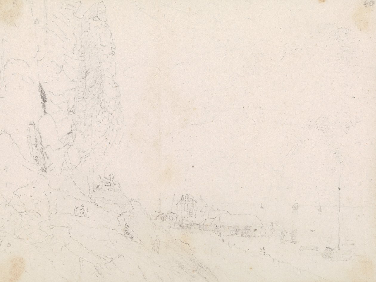 Esboço de uma Aldeia à beira-mar perto de um penhasco de Capt. Thomas Hastings