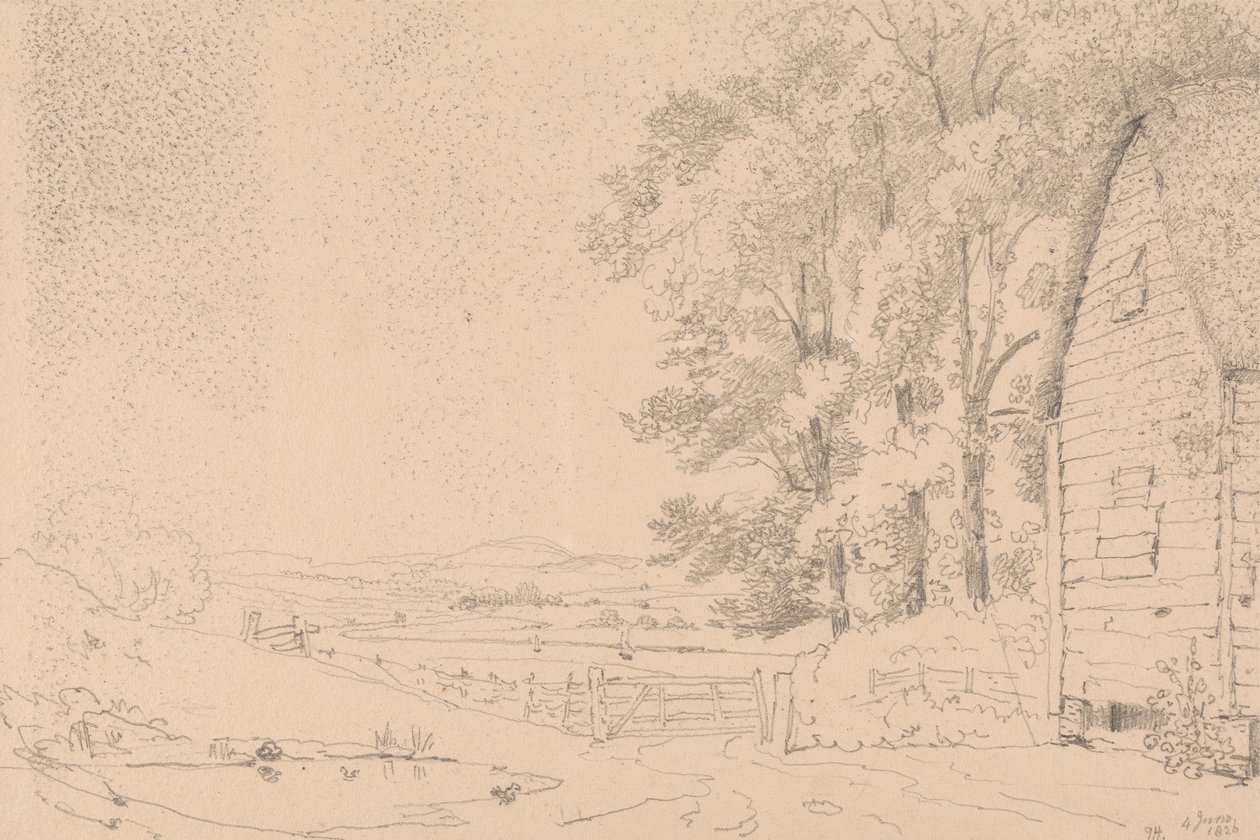 Esboço de um edifício de colmo e de um rio além de Capt. Thomas Hastings