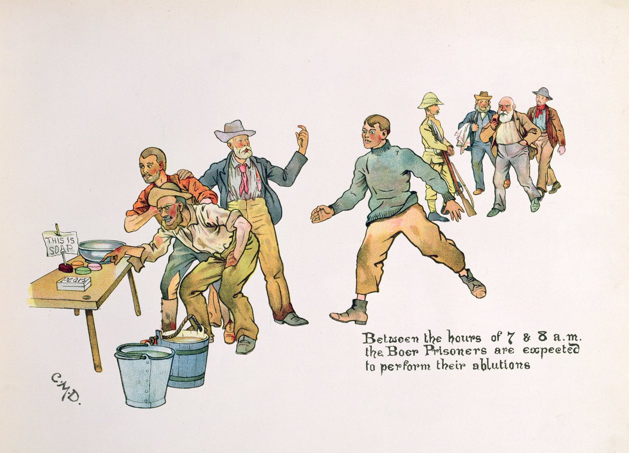 "Entre as 7 e 8 horas da manhã, espera-se que os prisioneiros bôeres façam suas abluções", de "The Leaguer of Ladysmith", 1900 de Captain Clive Dixon