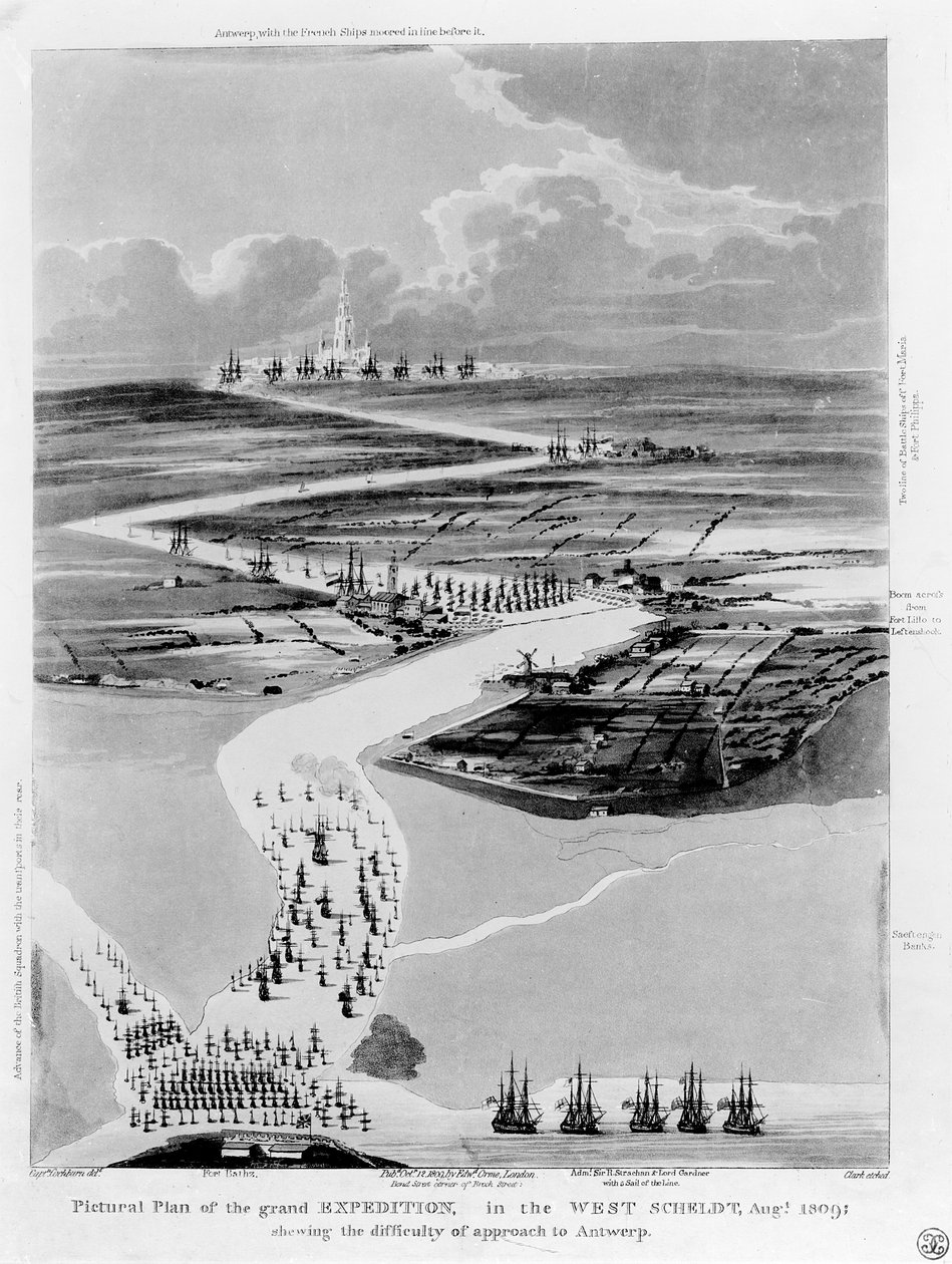 Plano pictural da Grande Expedição no Escalda Ocidental, em agosto de 1809, mostrando a dificuldade de se aproximar de Antuérpia, gravada por Clark de Captain Cockburn