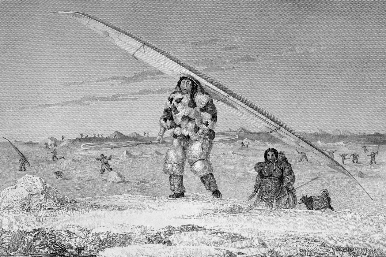 Um Eskimaux de Igloolik, vestindo uma jaqueta de pele de pássaro, carregando sua canoa até a água, de "Diário de uma Segunda Viagem" para a Descoberta de uma Passagem Noroeste do Atlântico para o Oceano Pacífico de Captain George Francis Lyon