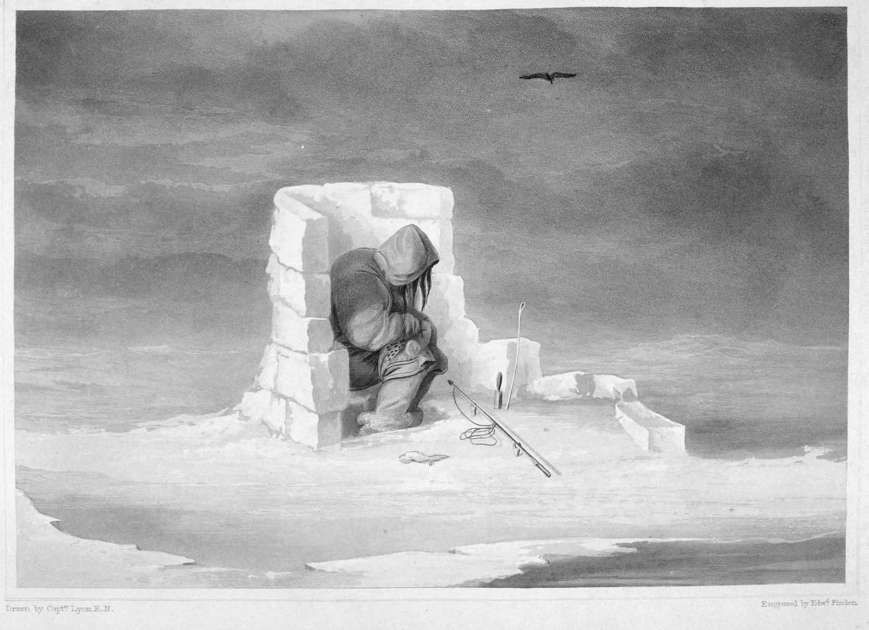 Um Eskimaux assistindo um Seal-Hole, de &39;Jornal de uma segunda viagem para a descoberta de uma passagem noroeste do Atlântico para o Pacífico realizada nos anos 1821-22-23&39;, por William Edward Parr de Captain George Francis Lyon