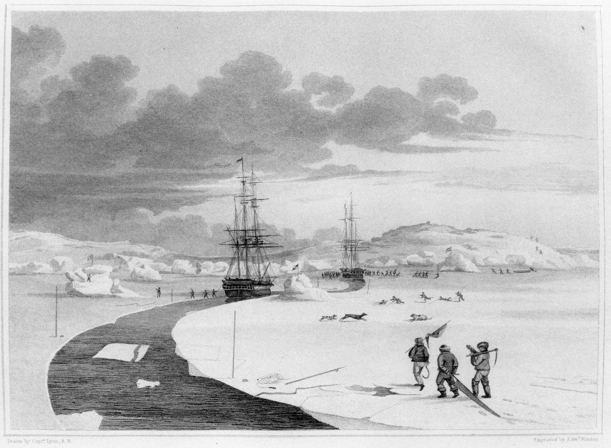 Cortando a Ilha de Inverno, outubro de 1821, de "Diário de uma segunda viagem para a descoberta de uma passagem noroeste do Atlântico para o Pacífico, realizada nos anos 1821-22-23", por William Edw de Captain George Francis Lyon