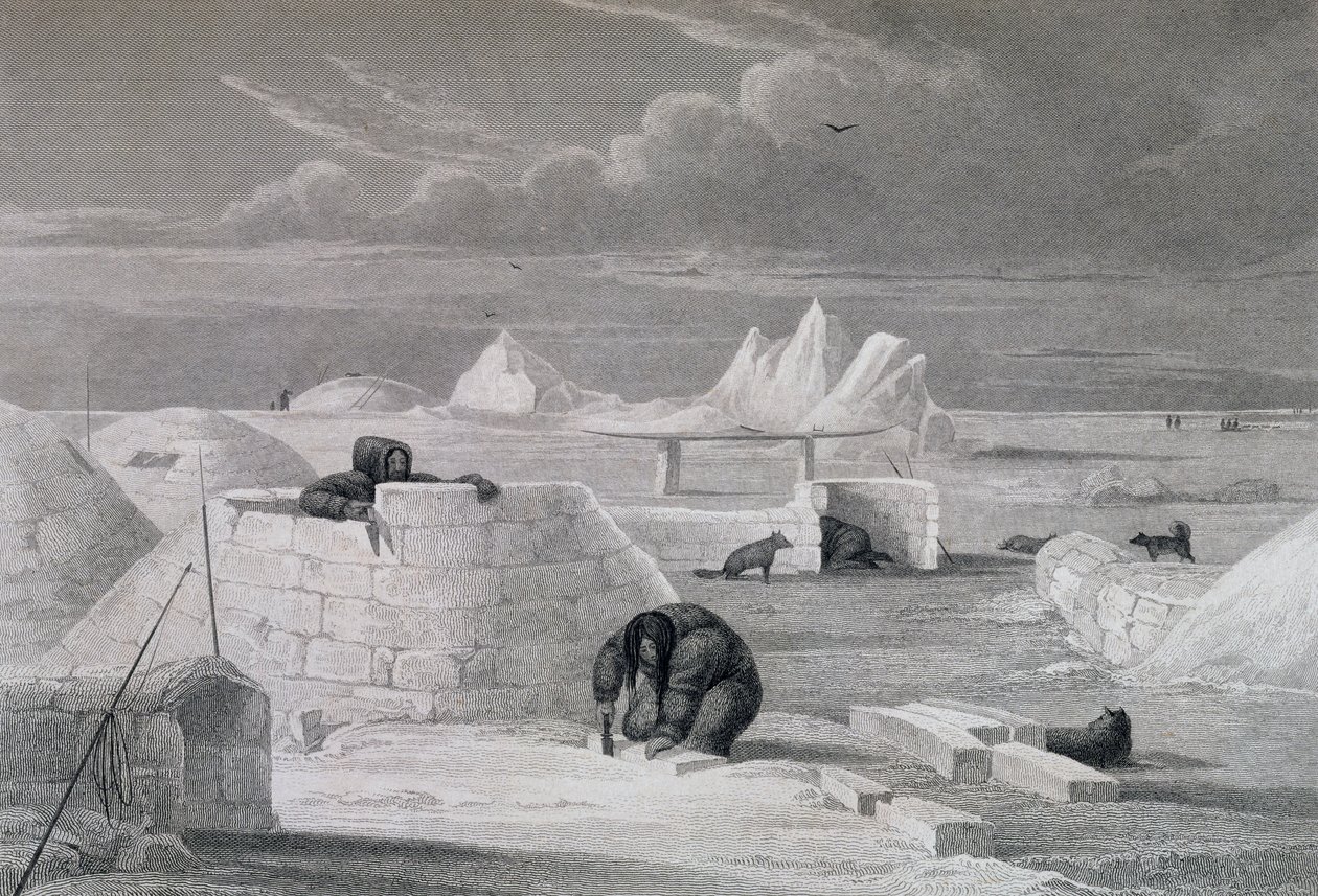 Eskimaux construindo uma cabana de neve, de &39;Diário de uma segunda viagem para a descoberta de uma passagem noroeste do Atlântico para o Pacífico, realizada nos anos 1821-22-23&39;, por William Edward Parry (1 de Captain George Francis Lyon