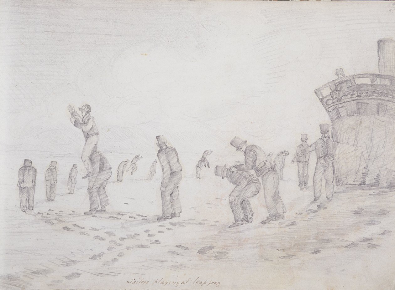 Marinheiros que tocam no Leap Frog, de &39;Sketches of the Second Parry Arctic Expedition&39;, 1821-2 (grafite sobre papel) de Captain George Francis Lyon