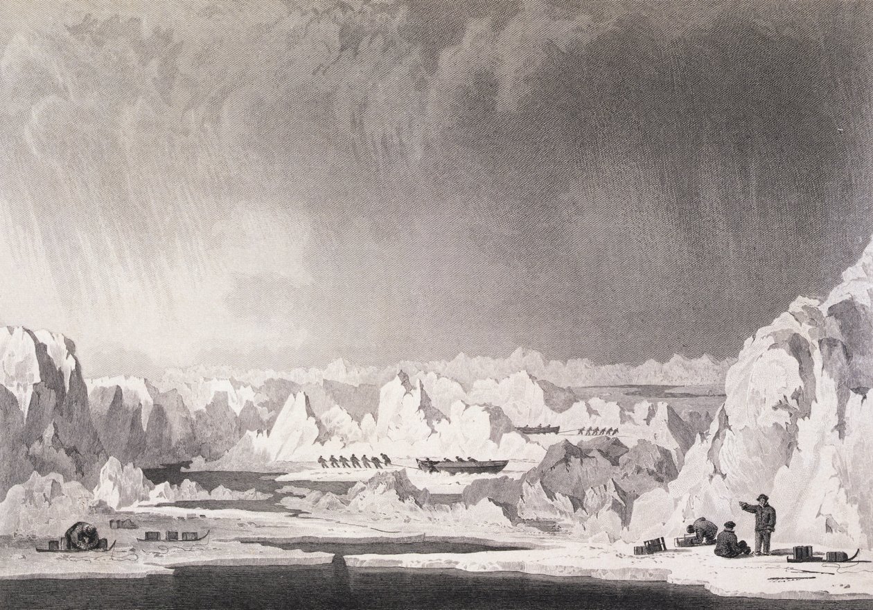 Viajando entre hummocks de gelo, de &39;Jornal de uma terceira viagem para a descoberta de uma passagem noroeste do Atlântico para o Pacífico realizada nos anos 1824-25 nos navios de HM Hecla e Fu de Captain George Francis Lyon