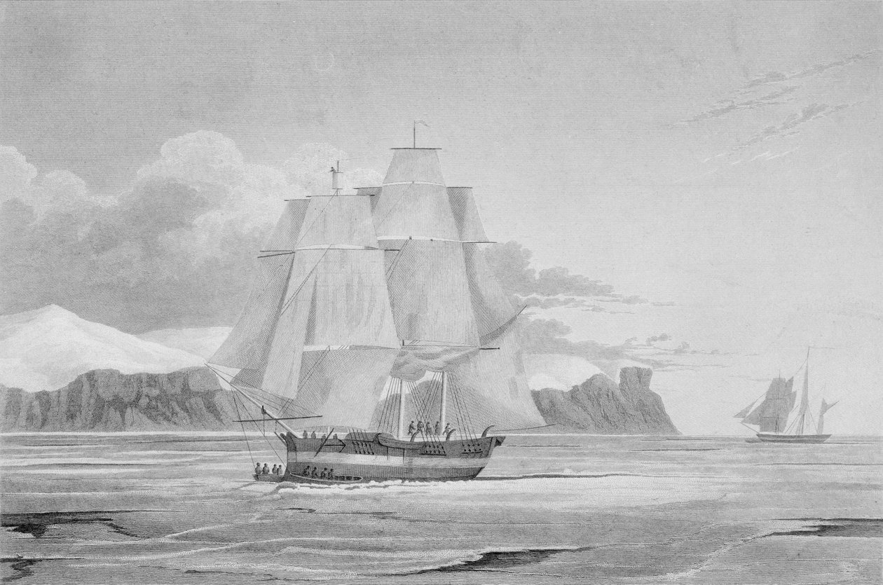 Navegando através de gelo jovem, setembro de 1824, de &39;Jornal de uma terceira viagem para a descoberta de uma passagem noroeste do Atlântico para o Pacífico realizada nos anos 1824-25 em HM&39;s Ships Hec de Captain Hoppner