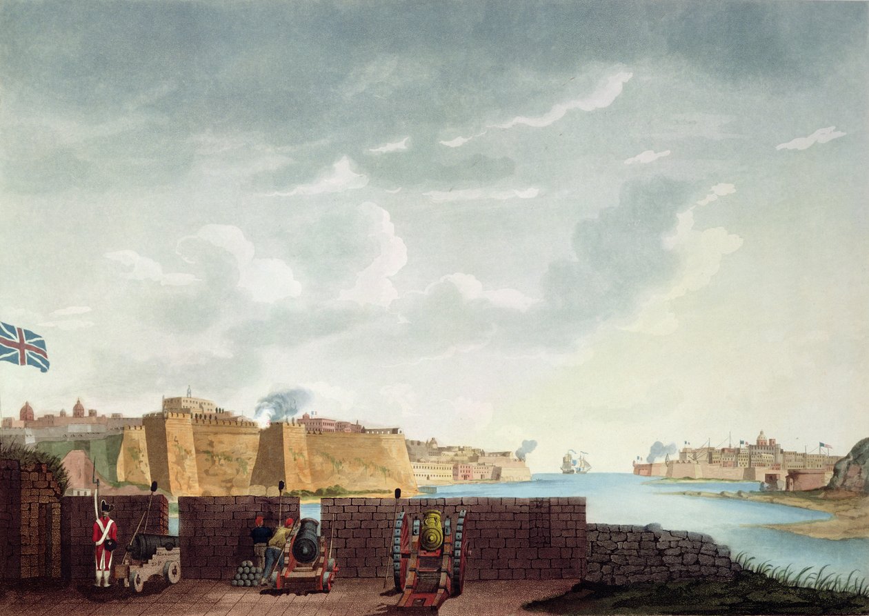 Vista de La Valletta durante o cerco de 1800, gravado por Francis Chesham, 1803 de Captain James Weir