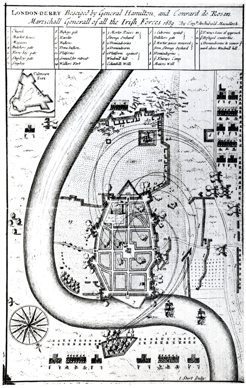 Londonderry Beseiged pelo general Hamilton e Conrad de Rosen, gravado por J. Sturt, 1689 de Captain Archibald Maculloch