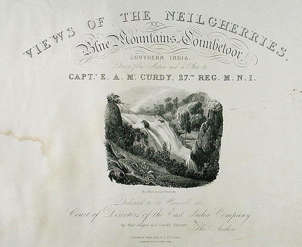 The Elk Cataract, Dimhutty, página de rosto de View of the Neilgherries, ou Blue Mountains of Coimbetoor, Sul da Índia por Captain McCurdy, publicado em 1830 de Captain E. A. after McCurdy