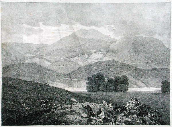 Vista da parte do lago e casas de campo em Ottacamund, montanhas de Neelgherry, placa 3 de vista sobre os Neilgherries de Captain E. A. after McCurdy