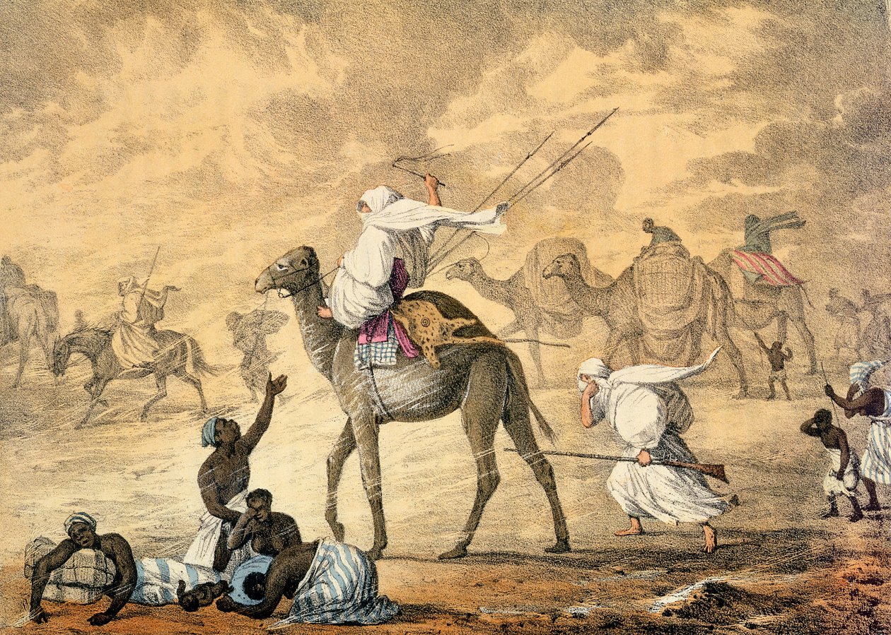 Um vento de areia no deserto, de "Narrative of Travels in Northern Africa in the Years 1818-19 and 1820", gravura de Denis Dighton (1792-1827) publicada em 1821 (litografia a cores) de Captain George Francis (after) Lyon