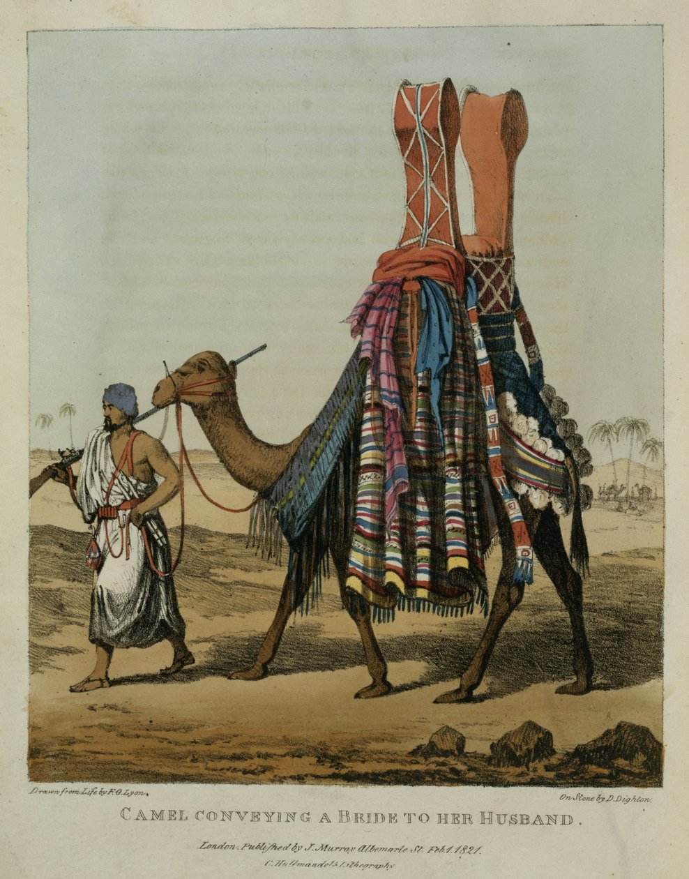 Camelo que transporta uma noiva para seu marido, gravado por Denis Dighton (1792-1827) placa 16 &39;de uma narrativa das viagens em África do norte&39;, bar. 1821 de Captain George Francis Lyon