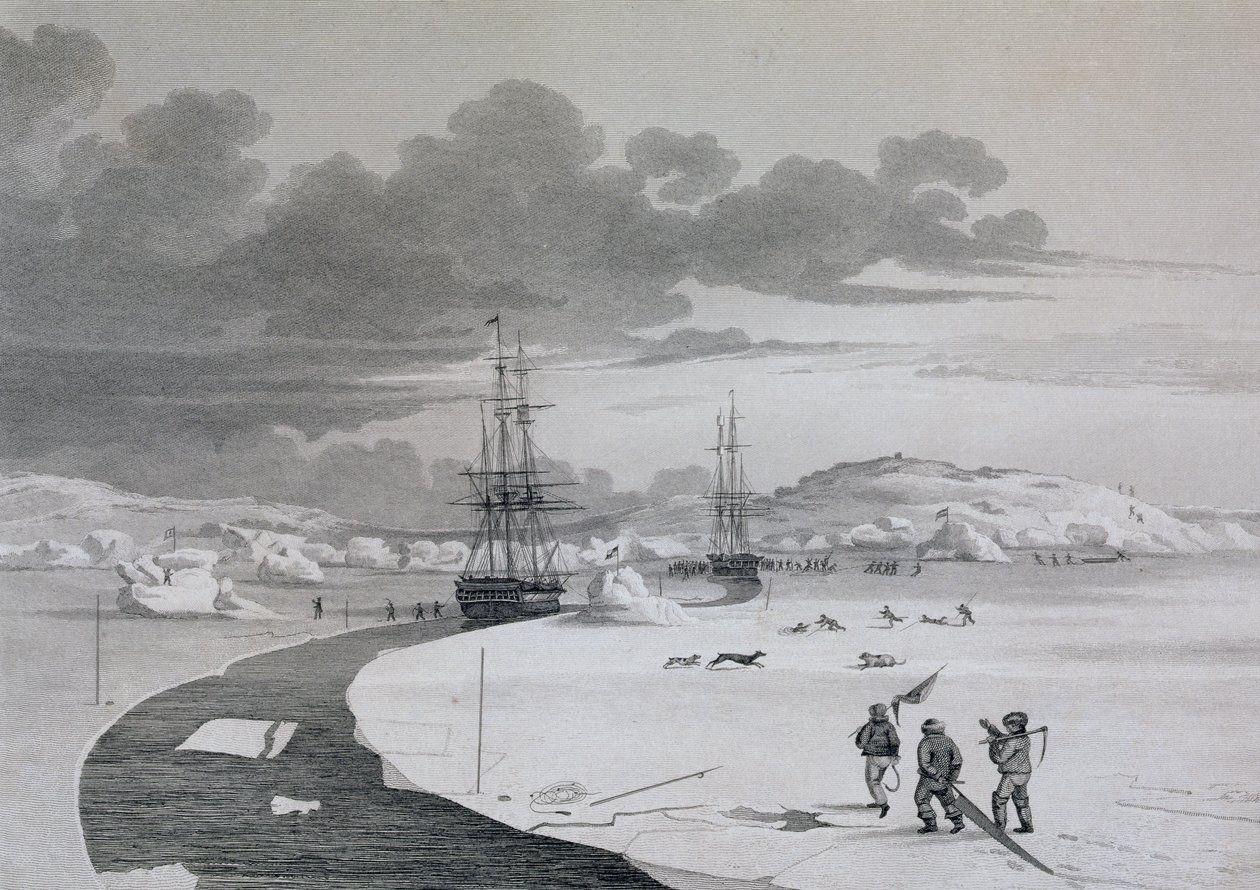 Cortando a Ilha de Inverno, em outubro de 1821, do Diário de uma Segunda Viagem para a Descoberta de uma Passagem do Noroeste do Atlântico para o Pacífico, realizada nos anos 1821-22-23, por William Edwar de Captain George Francis Lyon