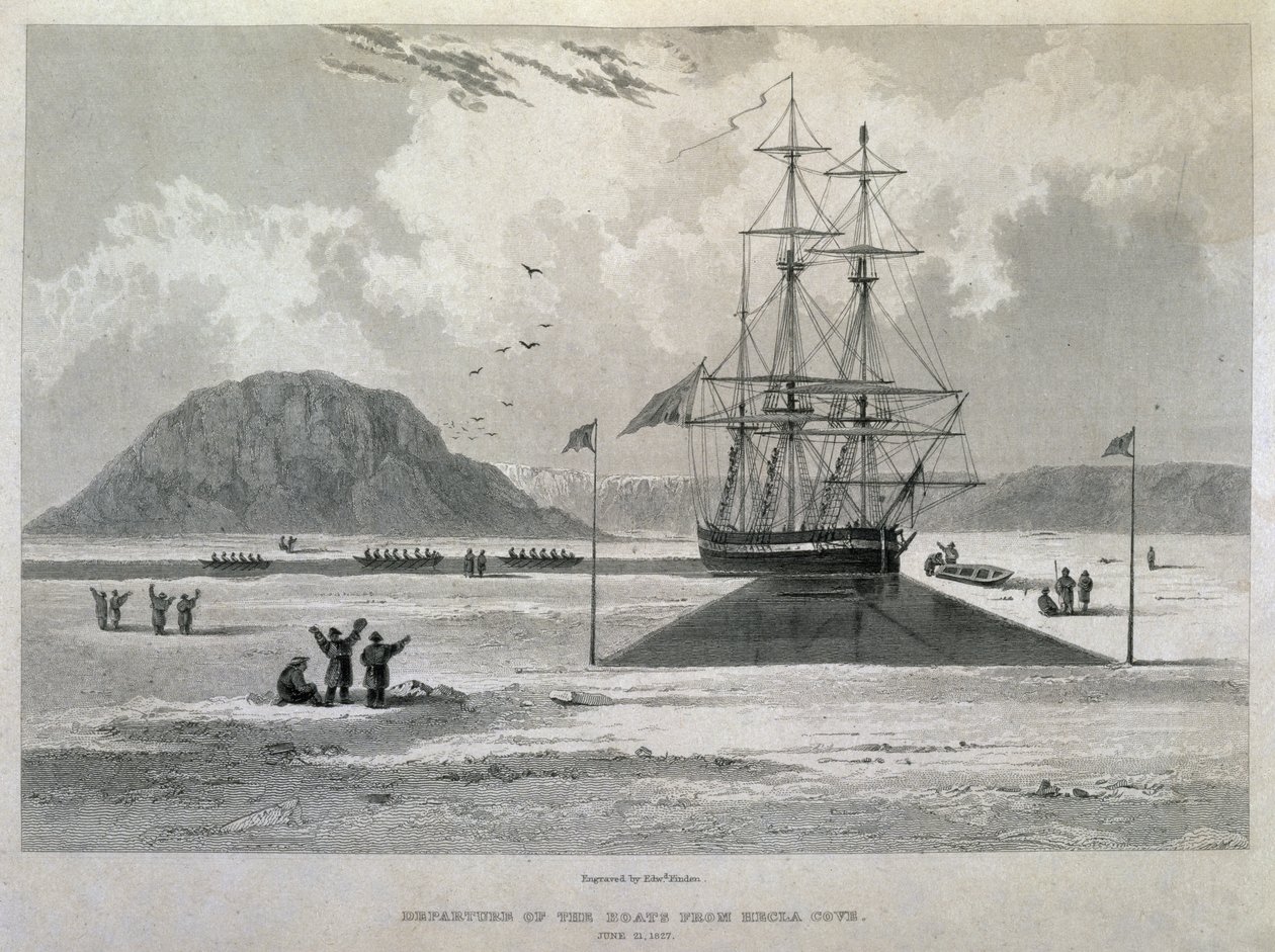Partida dos barcos de Hecla Cove, 21 de junho de 1827, do Jornal de uma terceira viagem para a descoberta de uma passagem noroeste do Atlântico para o Pacífico, realizada nos anos 1824-25 em HMs de Captain George Francis Lyon