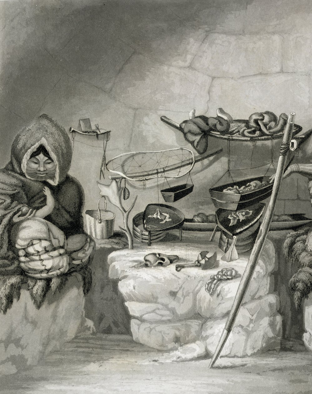 Interior de uma cabana da neve do esquimó, ilha do inverno 1822, gravada pelo bar de Edward Francis Finden (1791-1857). por John Murray, 1824 de Captain George Francis Lyon
