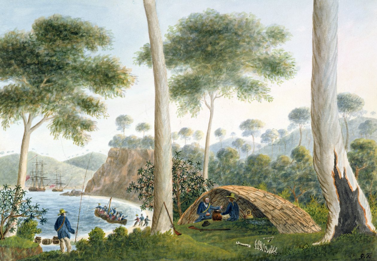 Cabana nativa (ou Wigwam) da baía da aventura, terra de Van Diemans, 1792 de Captain George Tobin