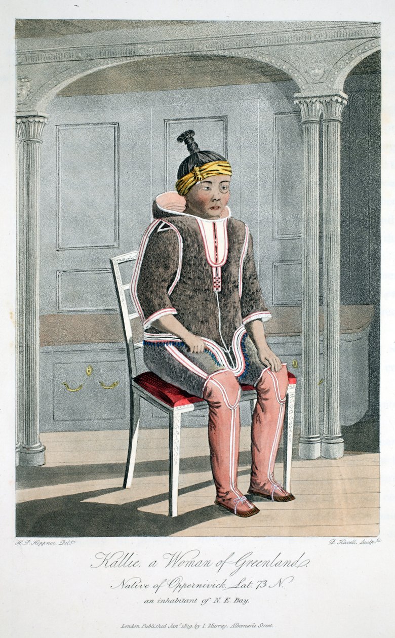 Kallie, uma mulher da Groenlândia, nativa de Oppernivick, ilustração de "A Voyage of discovery ...", 1819 (gravura colorida à mão) de Captain Hoppner