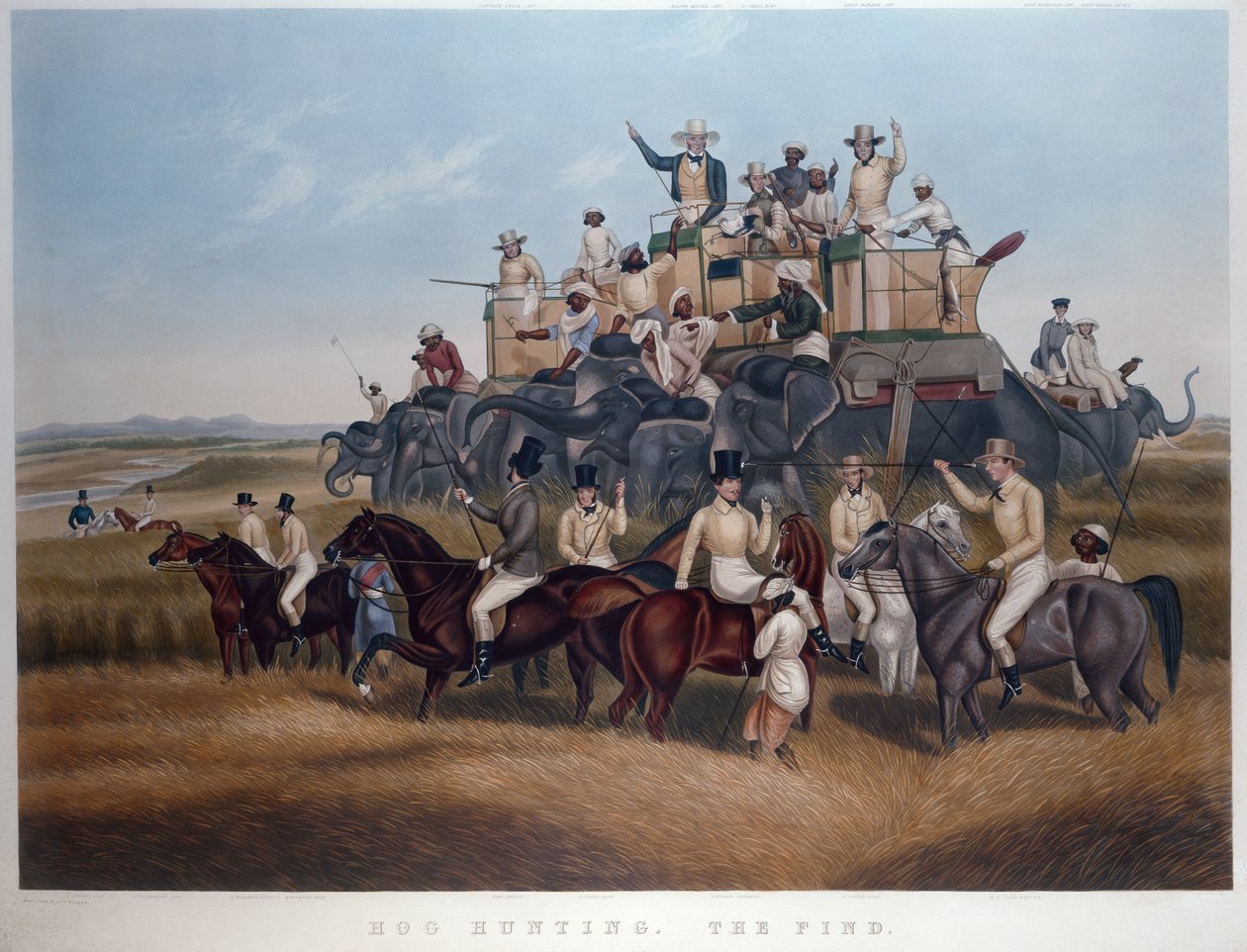 Caça ao porco: The Find, gravado e pub. por Srs Fores, c.1840 (gravura colorida) de Captain John (after) Platt