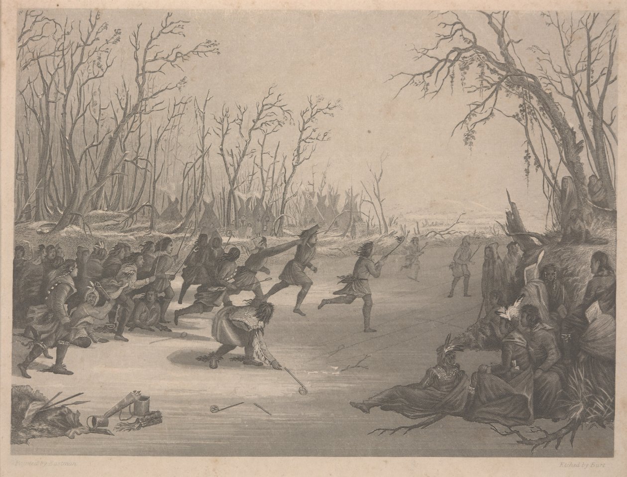 Jogo de bola dos índios Dahcota (Sioux), gravura de Charles Kennedy Burt (1823-92), até dezembro de 1850 (gravura) de Captain Seth Eastman
