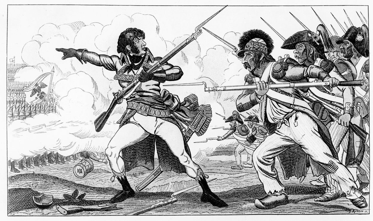 Os Voluntários em Sabots na Batalha de Valmy, 20 de setembro de 1792, ilustração de "Histoires de la Revolution Françoise" por Louis Blanc, gravada por S. Cracóvia de Caran d Ache