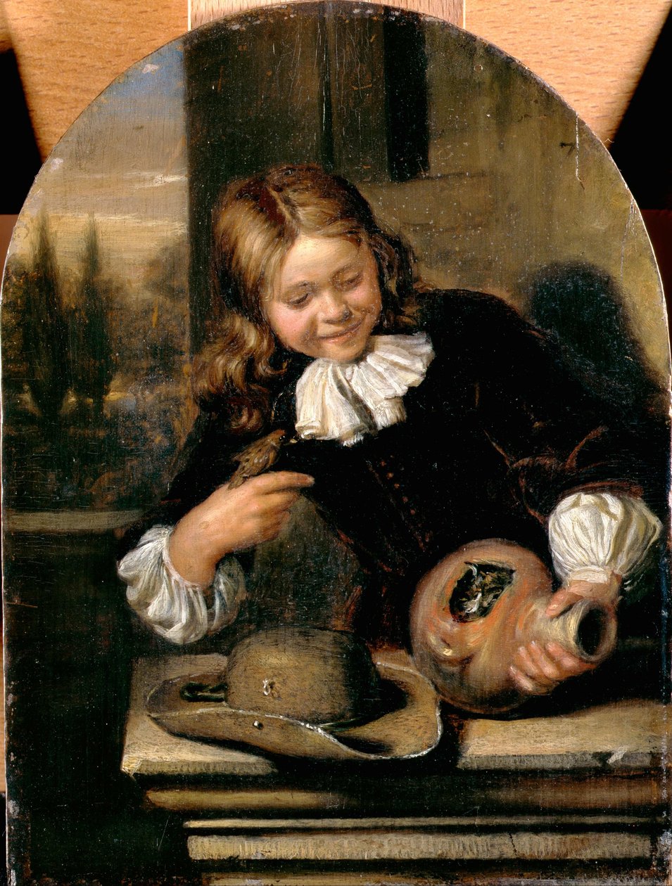 Menino, com, um, flagon, e, um, ninho pássaros de Carel De Moor
