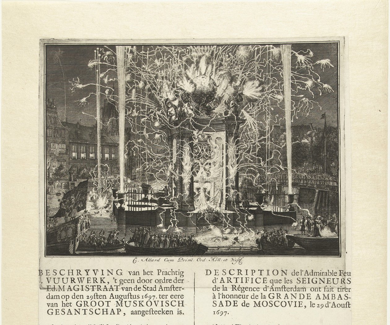 Fogos de artifício comemorando a chegada da embaixada de Moscovo em Amsterdã 1697, 1697 de Carel Allard