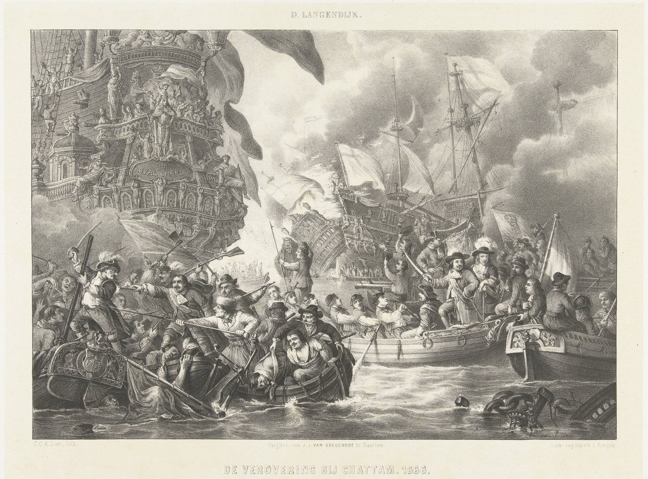 A Viagem a Chatham e a captura do Carlos Real, 1667
A Conquista em Chattam. 1666 (título sobre o objecto) de Carel Christiaan Antony Last