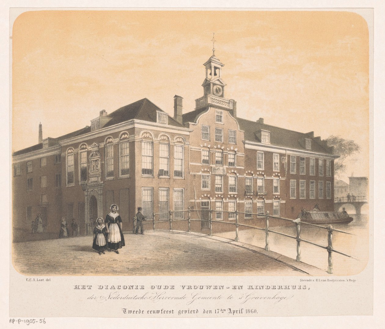 Lar de mulheres e crianças Diakonie em Haia O Lar de Velhas e Crianças Diaconie do Nederduitsche Hervormde Gemeente em Haia segundo centenário comemorado em 17 de abril de 1860 (título no objeto) de Carel Christiaan Antony Last