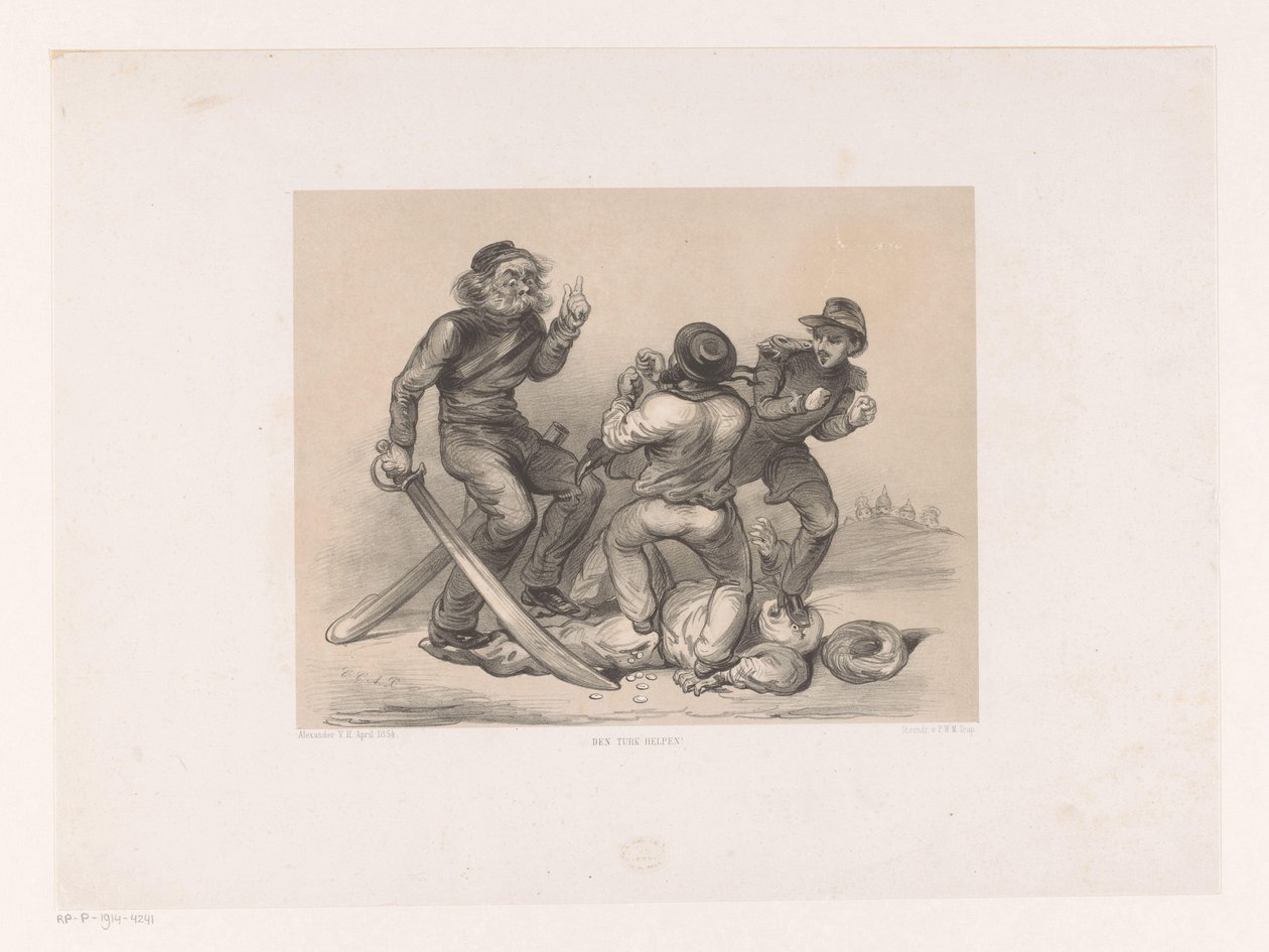 Três homens em luta pisam o Turk
Ajudar o turco! (título sobre o objecto) de Carel Christiaan Antony Last